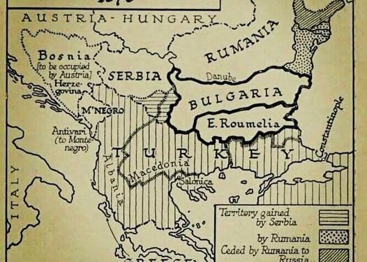 Harta e Ballkanit për të ilustruar Traktatin e Berlinit të mbajtur më  13 VI – 13 VII. 1878!